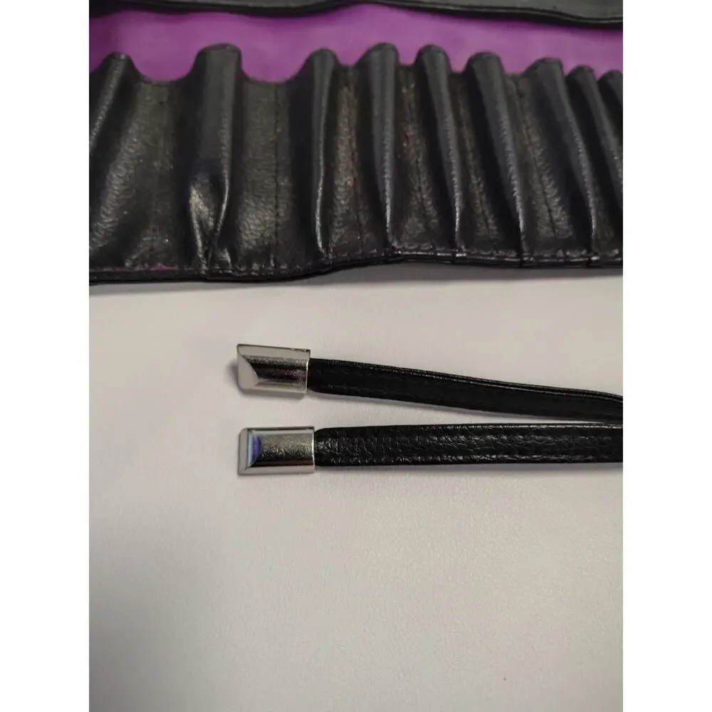 Younique Makeup Brush Case Roll Up Bag Zipper Pouch & Tie-15 slots Black Purple